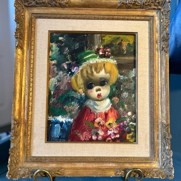 Signed “unknown” Vintage Framed Oil Painting, Girl With Big Eyes (Floral) - Picture 1 of 11